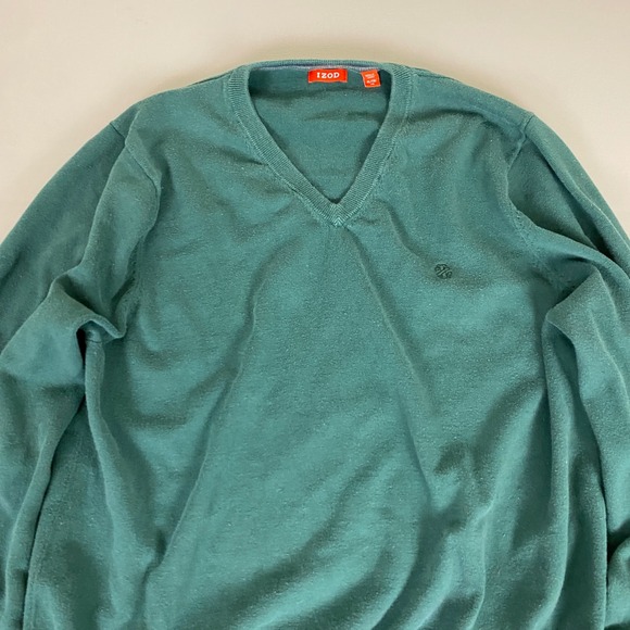 IZOD Sweater Men's Size XL Solid Green Teal V-Neck Long Sleeve 100% Cotton - Picture 2 of 9